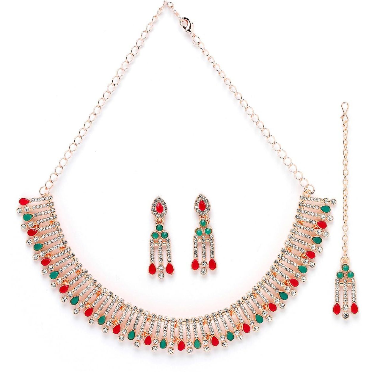 Sukkhi Admirable Fashionable Red-Green Kundan With Ad Stones Collar Bone Necklace Set With Earring And Maangtika | Jewellery Set For Women (NS105488)