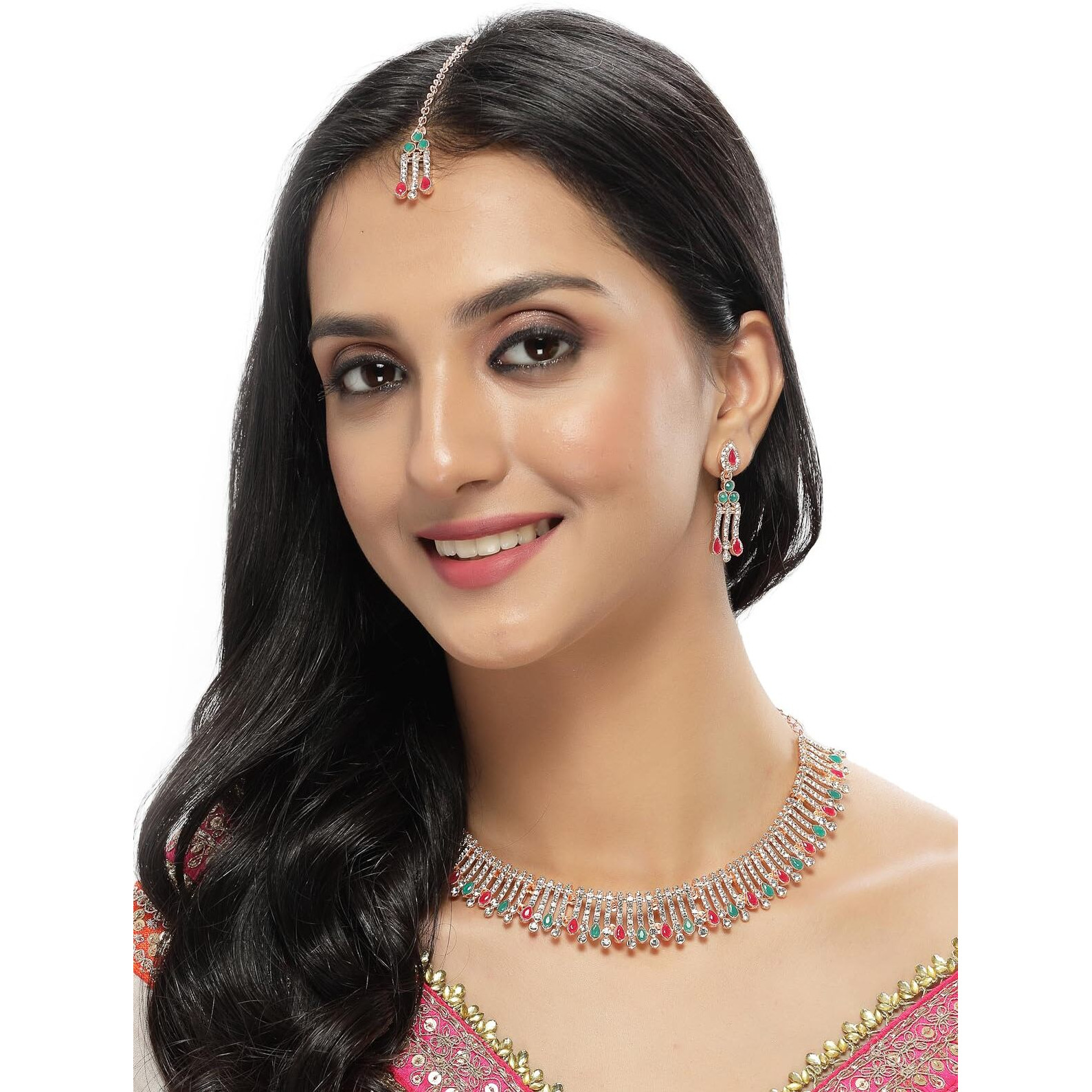 Sukkhi Admirable Fashionable Red-Green Kundan With Ad Stones Collar Bone Necklace Set With Earring And Maangtika | Jewellery Set For Women (NS105488)