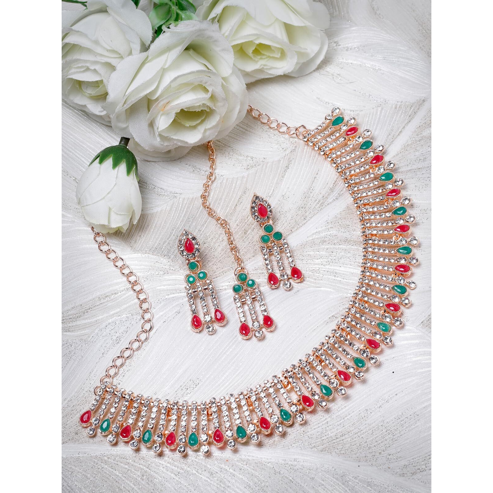 Sukkhi Admirable Fashionable Red-Green Kundan With Ad Stones Collar Bone Necklace Set With Earring And Maangtika | Jewellery Set For Women (NS105488)