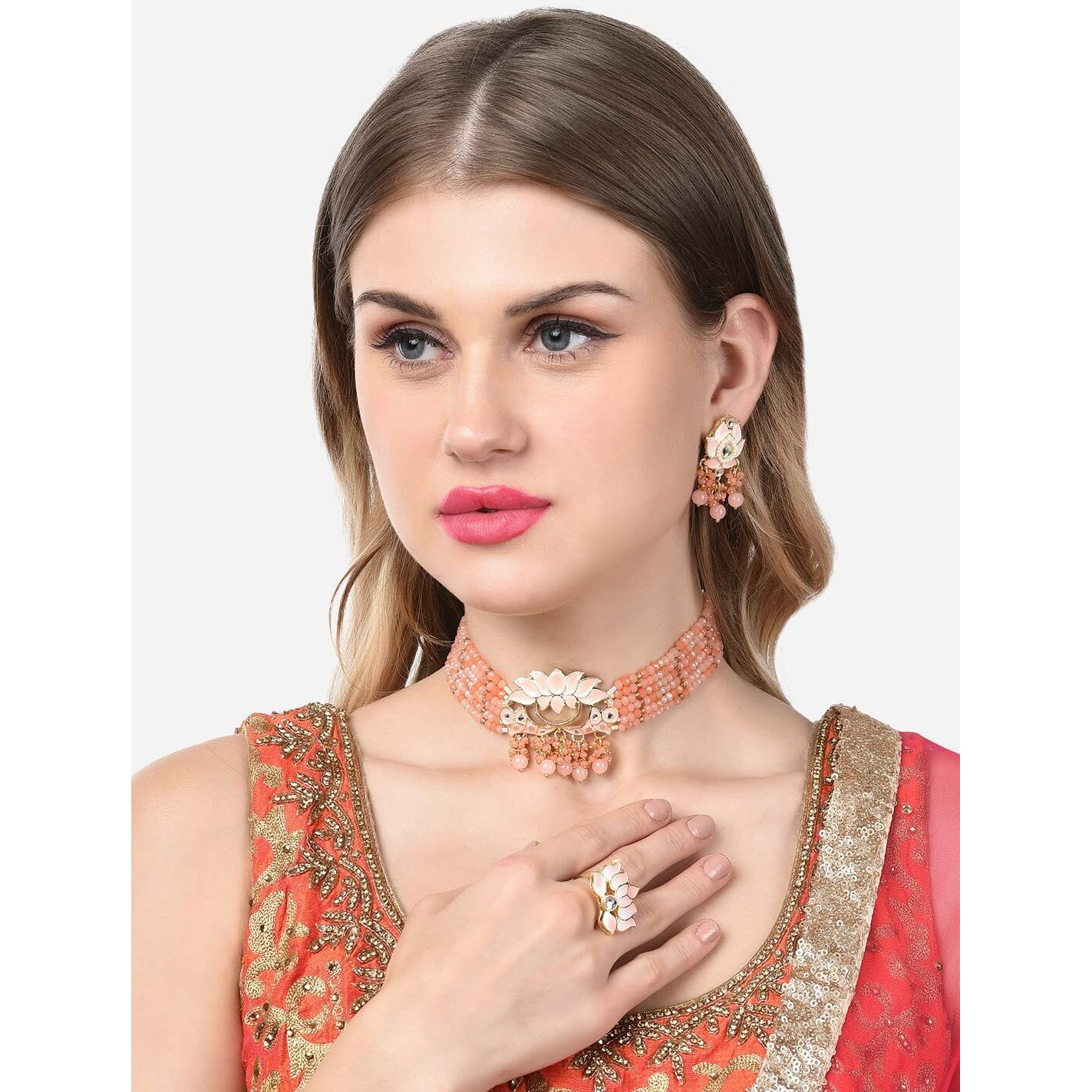 ZAVERI PEARLS Orange & Peach Meenakari Lotus Multistrand Crystal Beaded Choker Necklace Earring & Ring Set For Women-ZPFK14759