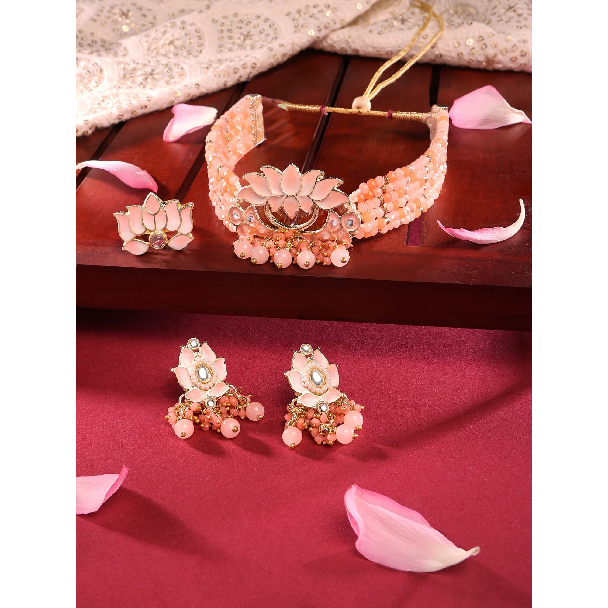 ZAVERI PEARLS Orange & Peach Meenakari Lotus Multistrand Crystal Beaded Choker Necklace Earring & Ring Set For Women-ZPFK14759