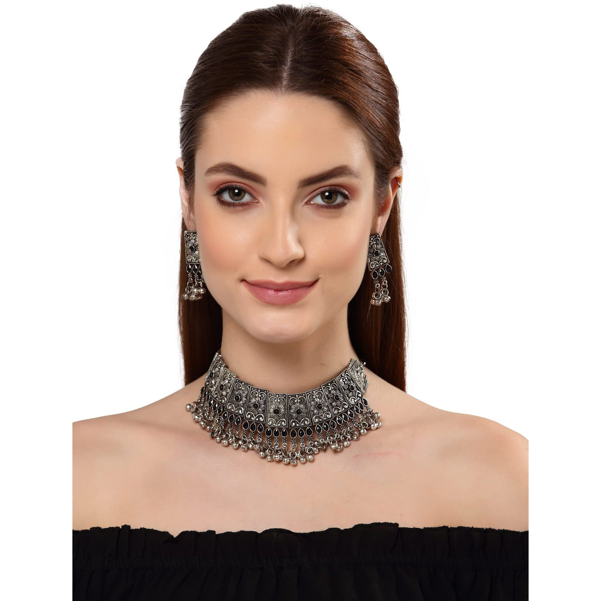 Shining Diva Fashion Latest Stylish Traditional Oxidised Silver Necklace Jewellery Set for Women (13167s)