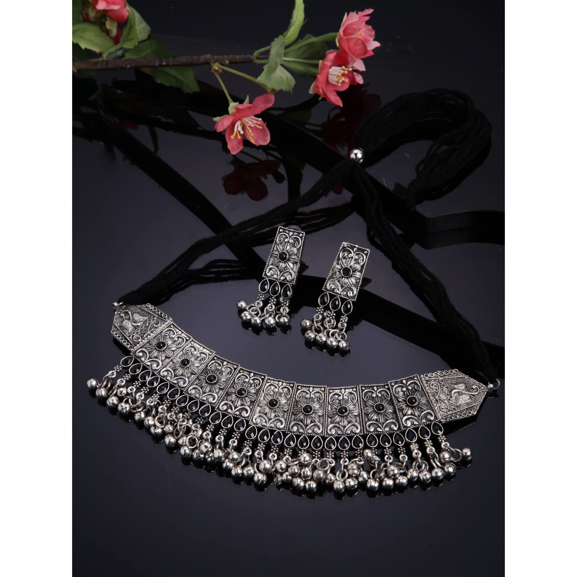 Shining Diva Fashion Latest Stylish Traditional Oxidised Silver Necklace Jewellery Set for Women (13167s)