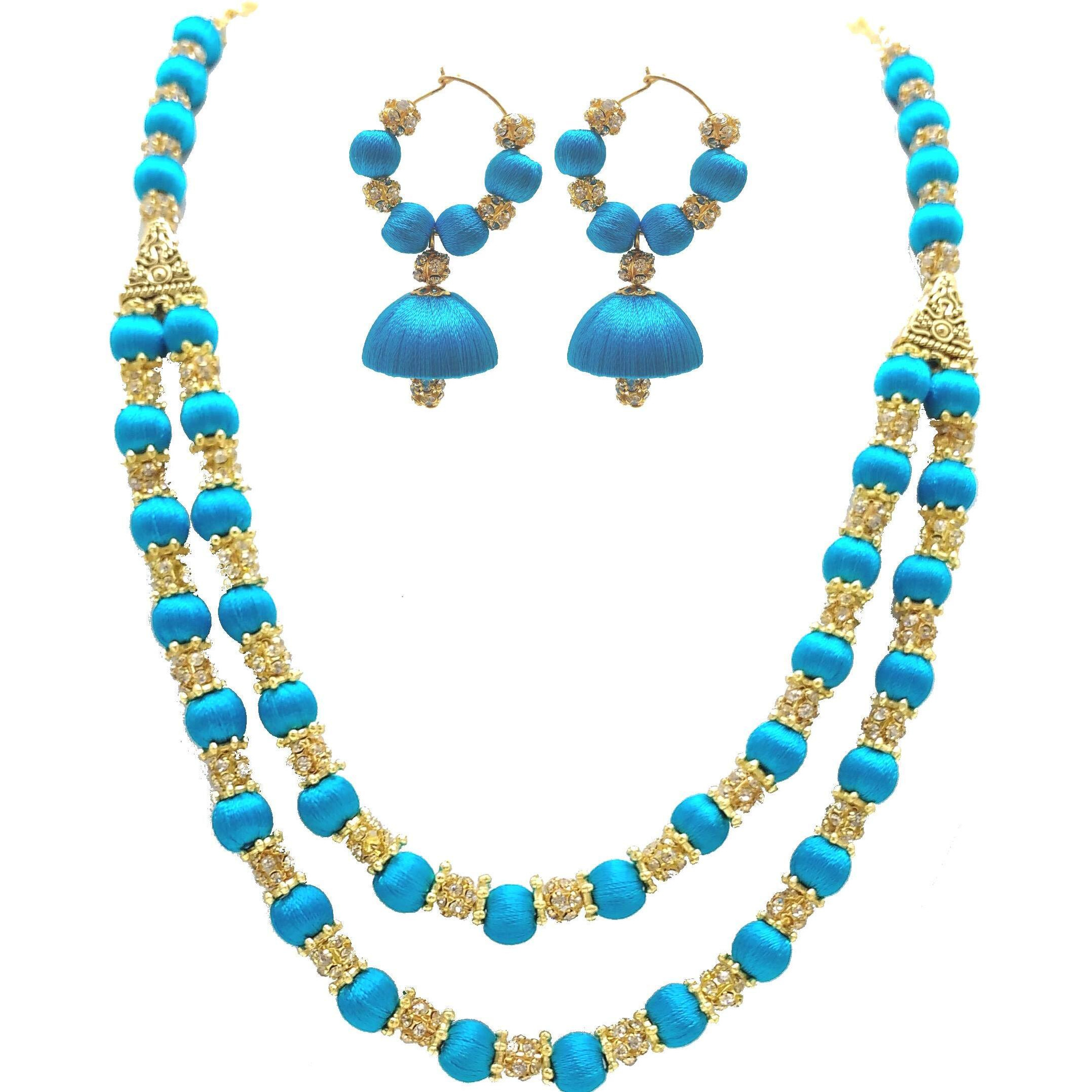 MDS Fashions Two Layer Silk Thread Necklace with Stone Balls and Earring Set for Beautiful Women (MDS-1049) (Sky Blue)