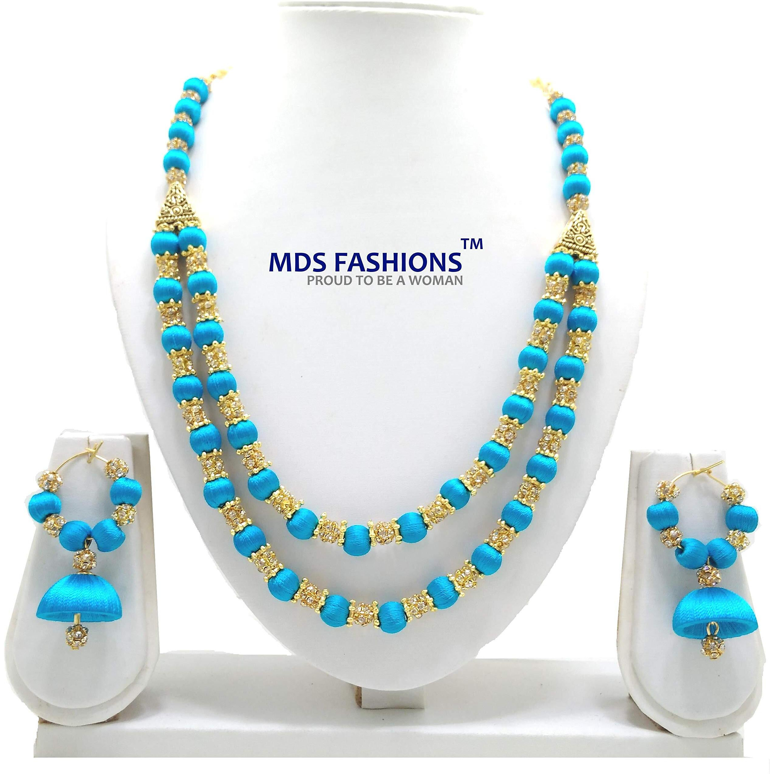 MDS Fashions Two Layer Silk Thread Necklace with Stone Balls and Earring Set for Beautiful Women (MDS-1049) (Sky Blue)