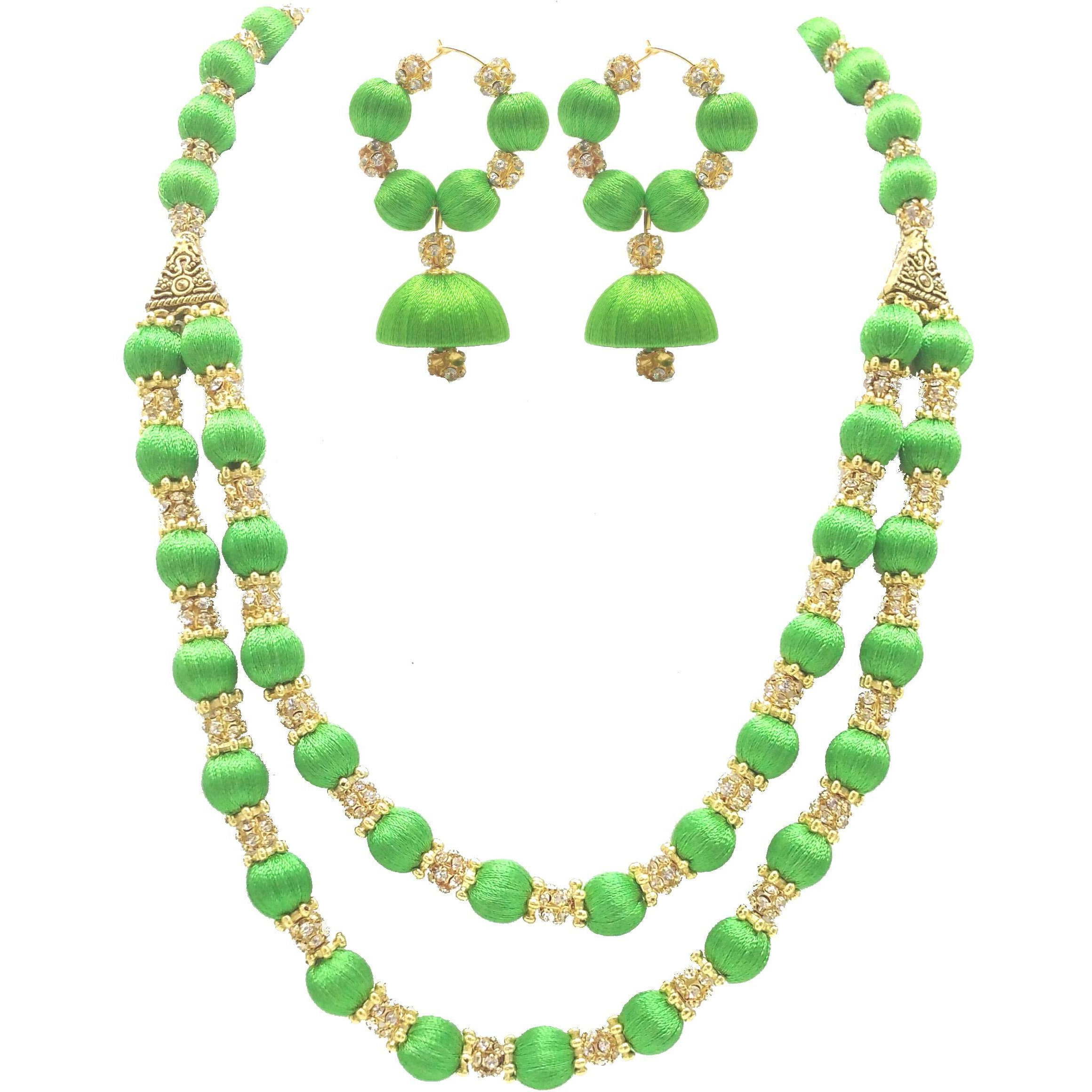 MDS FASHIONS Two Layer Silk Thread Necklace with Stone Balls and Earring Set for Beautiful Women (MDS-1049) (Green)