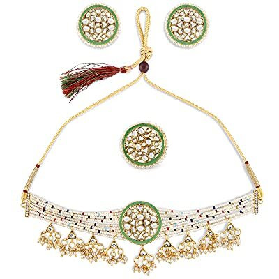 ZAVERI PEARLS Multicolor Beaded Ethnic Kundan Choker Necklace Earring & Ring Set For Women-ZPFK10833