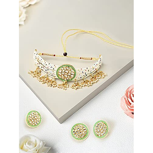 ZAVERI PEARLS Multicolor Beaded Ethnic Kundan Choker Necklace Earring & Ring Set For Women-ZPFK10833