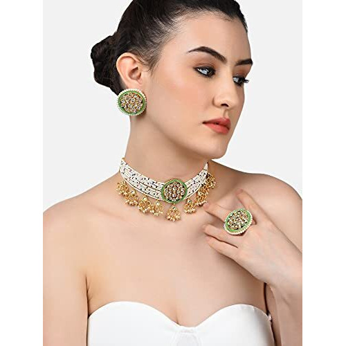 ZAVERI PEARLS Multicolor Beaded Ethnic Kundan Choker Necklace Earring & Ring Set For Women-ZPFK10833