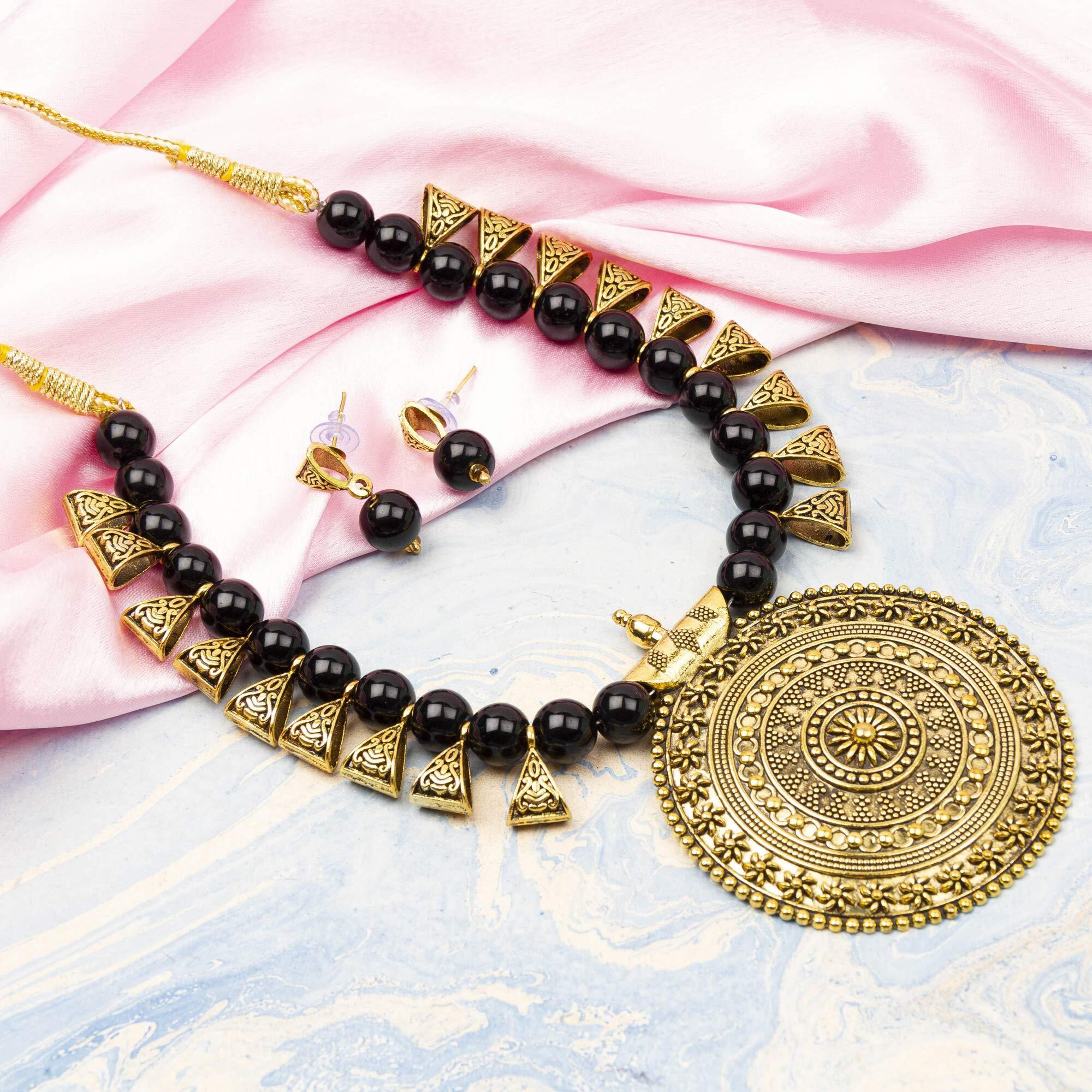 Jewels Galaxy Special Beaded Exclusive Edition Amazing Necklace Set for Women/Girls (Gold Black) (CT-NC-44000)