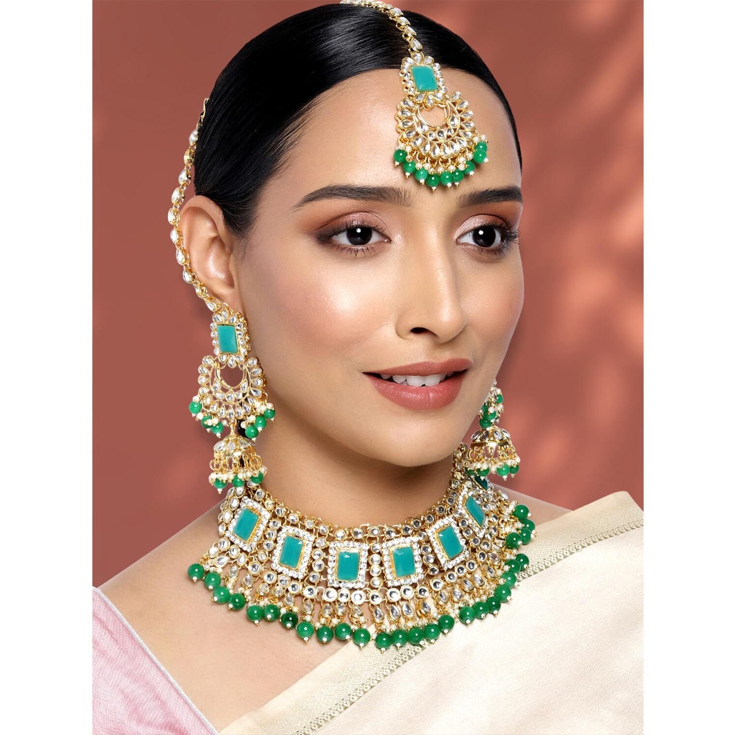 Peora Rani Padmavati Dulhan Bridal Kundan Pearl Adjustable Choker Necklace with Earrings Maang Tikka for Women Girls Indian Traditional Jewellery Set