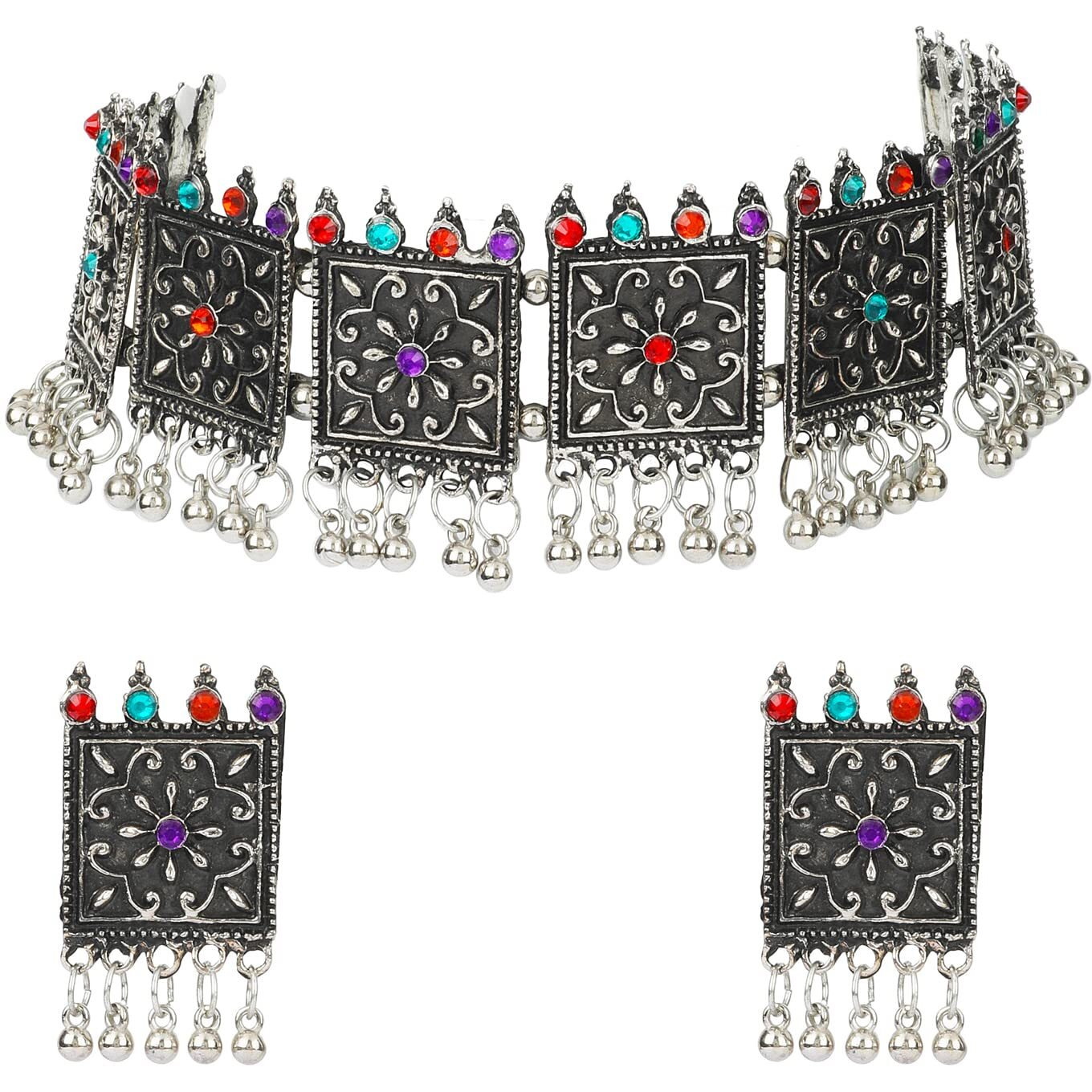 Shining Diva Fashion Latest Stylish Fancy Oxidised Silver Tribal Choker Necklace Jewellery Set for Women (12161s), Multicolour