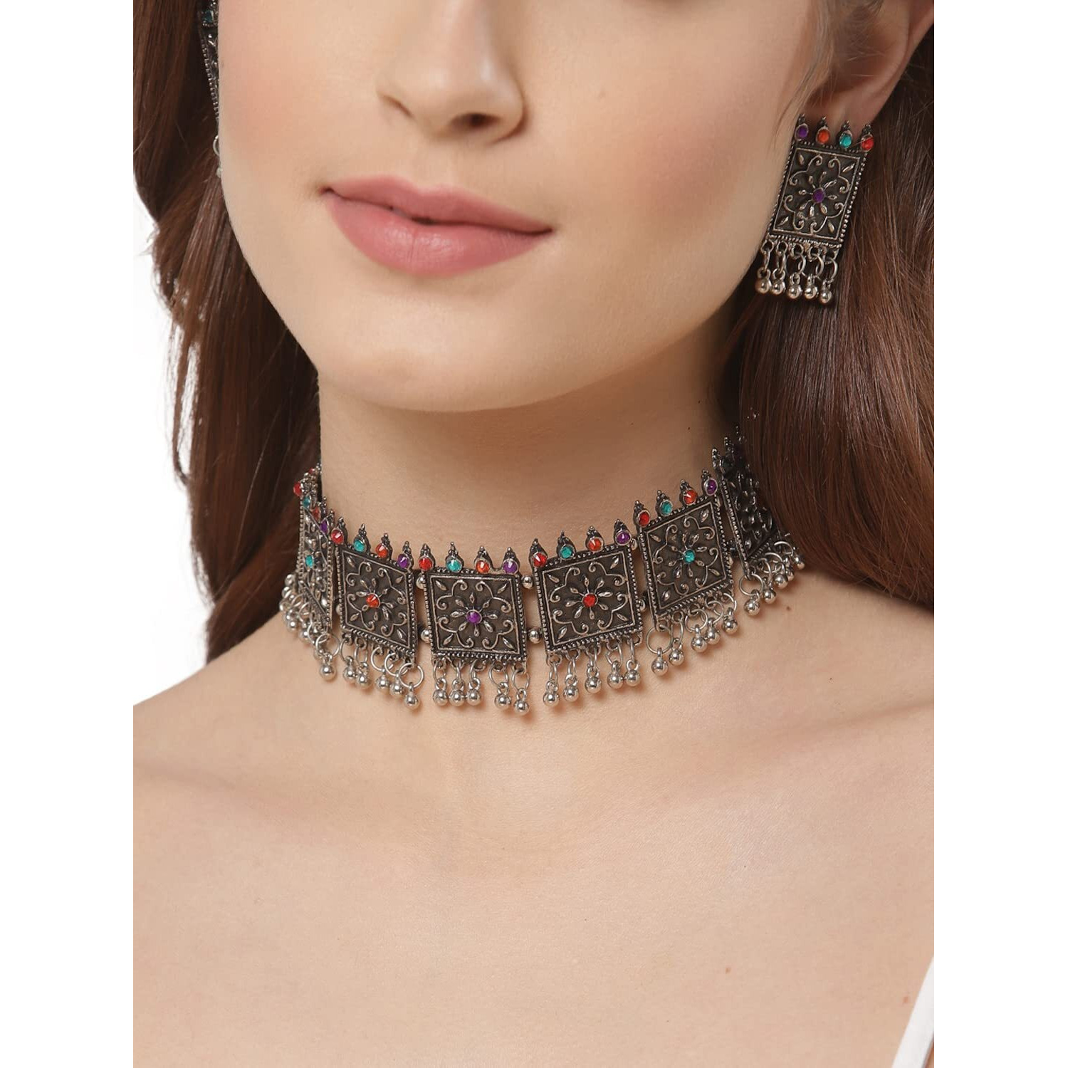 Shining Diva Fashion Latest Stylish Fancy Oxidised Silver Tribal Choker Necklace Jewellery Set for Women (12161s), Multicolour