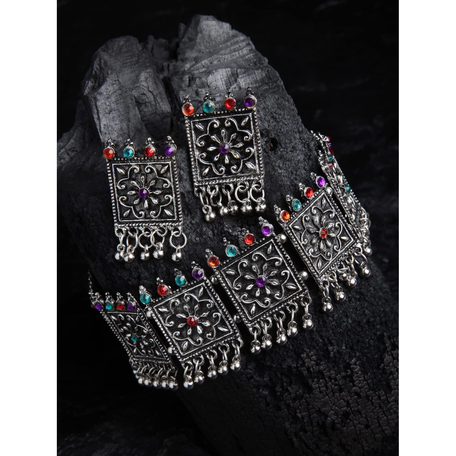 Shining Diva Fashion Latest Stylish Fancy Oxidised Silver Tribal Choker Necklace Jewellery Set for Women (12161s), Multicolour