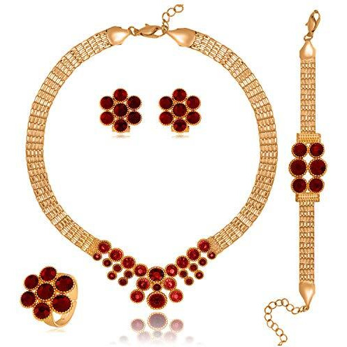 Young & Forever Gift Mesmerizing Gold Plated Red Ruby Crystal and Cubic Zirconia Necklace Set Combo of Necklace Set with Earrings, Bracelet and Ring for Girls and Women Jewellery Combo for Girls and Women