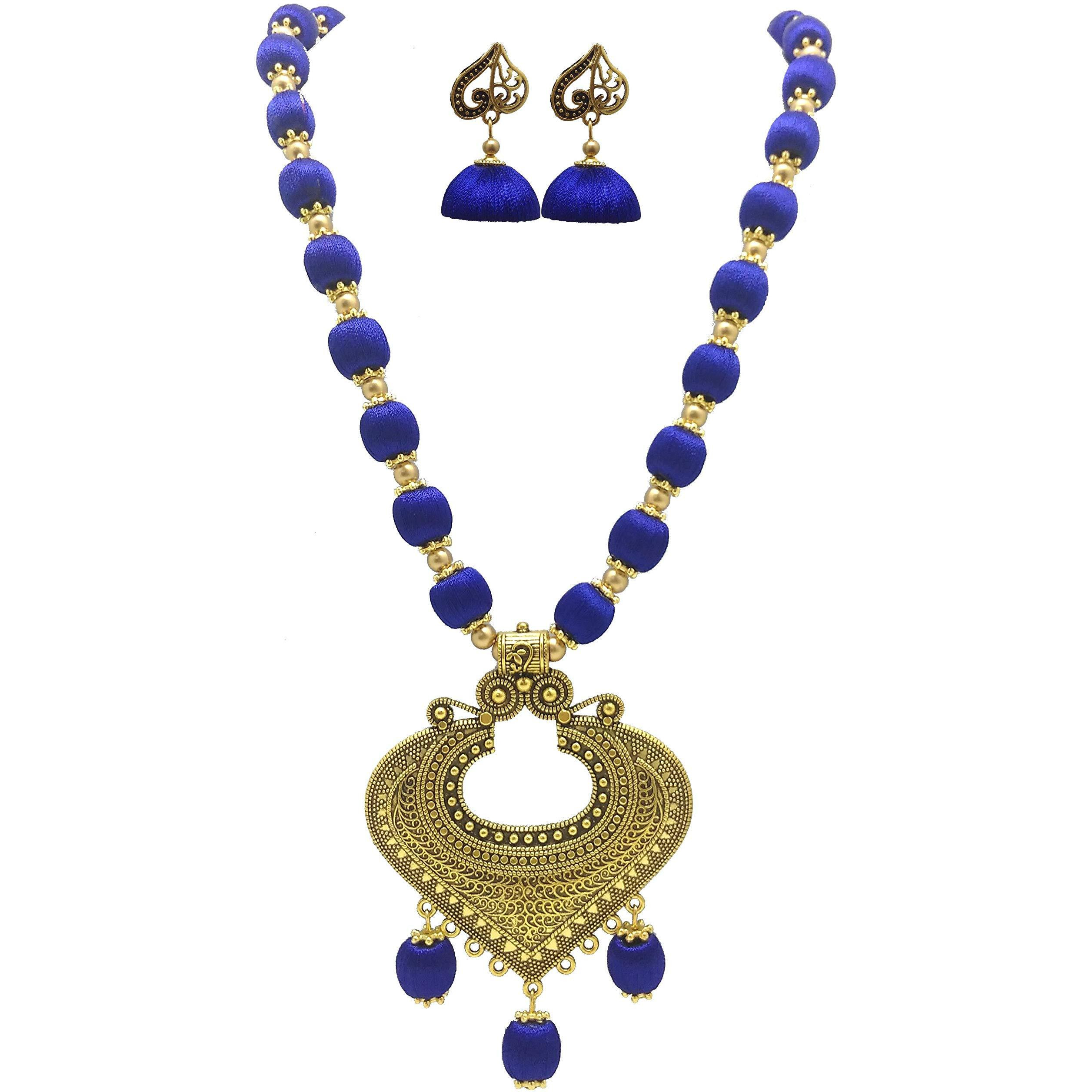MDS FASHIONS Silk Thread Beads with Antique Heart Necklace and Earrings set for Beautiful Women (MDS-1047) (Navy Blue)