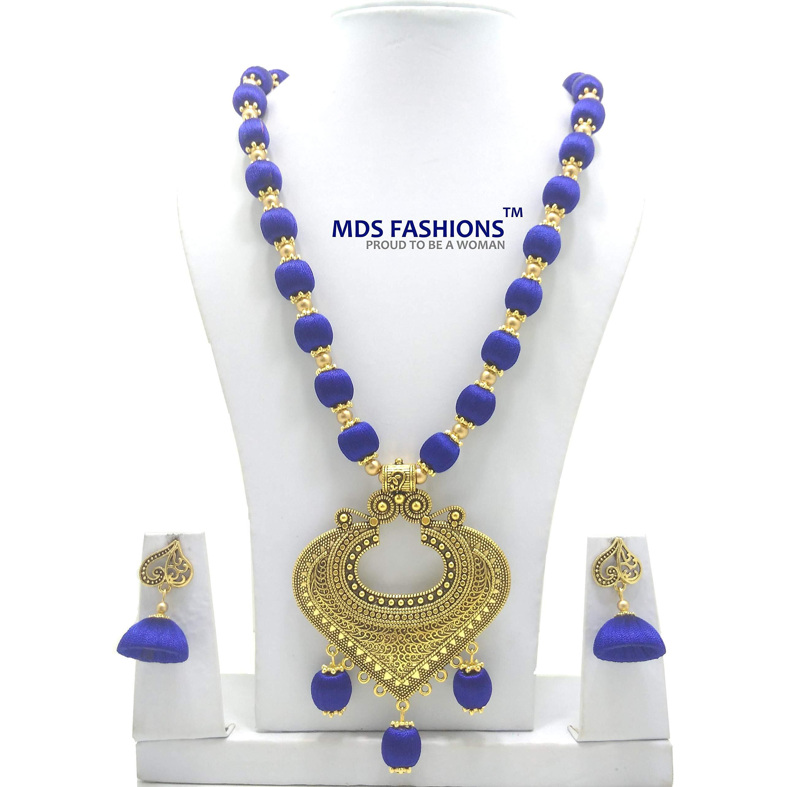 MDS FASHIONS Silk Thread Beads with Antique Heart Necklace and Earrings set for Beautiful Women (MDS-1047) (Navy Blue)
