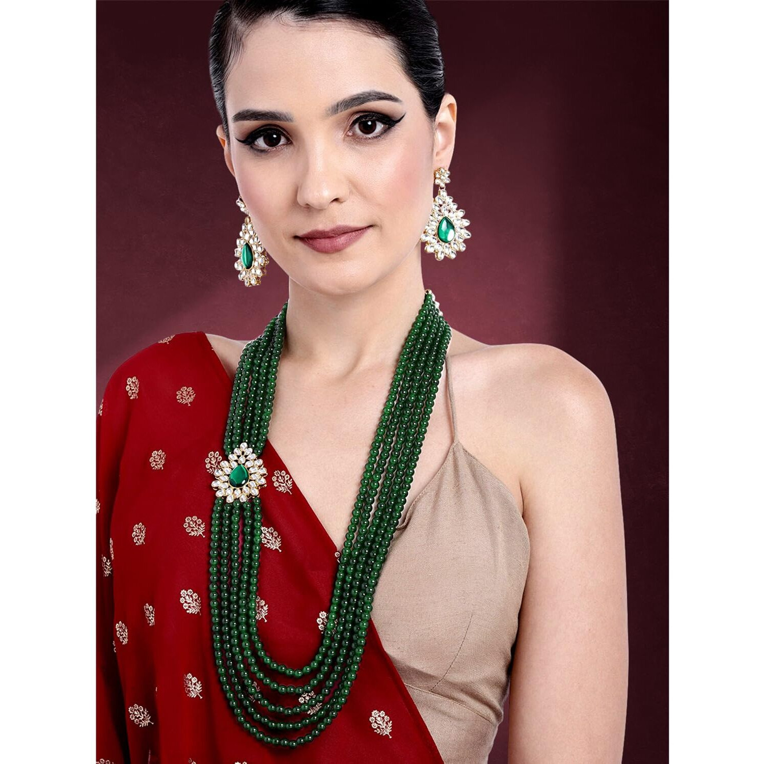Peora Indian Traditional 18K Gold Plated Kundan Pearl Green Long Necklace with Dangle Earrings Jewellery Set for Women Girls