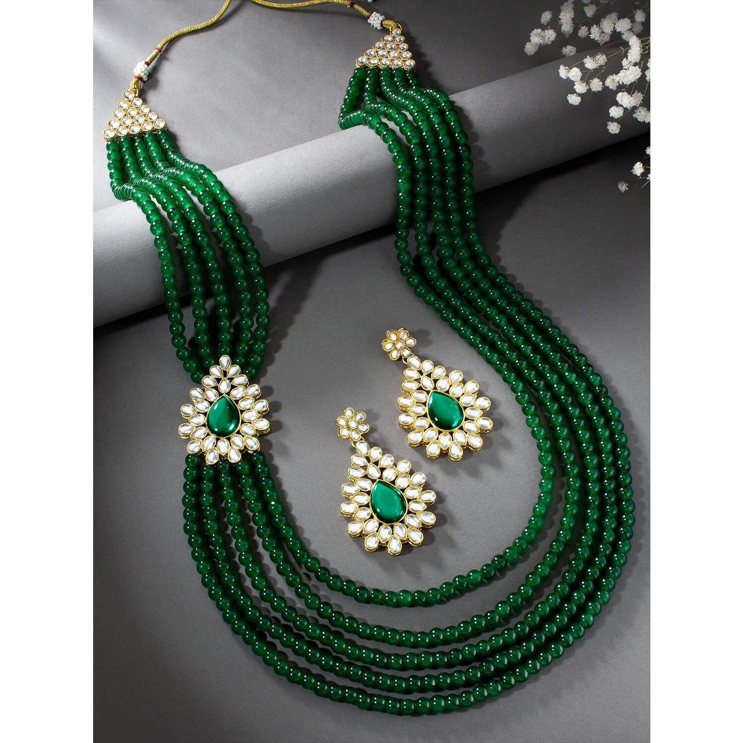 Peora Indian Traditional 18K Gold Plated Kundan Pearl Green Long Necklace with Dangle Earrings Jewellery Set for Women Girls
