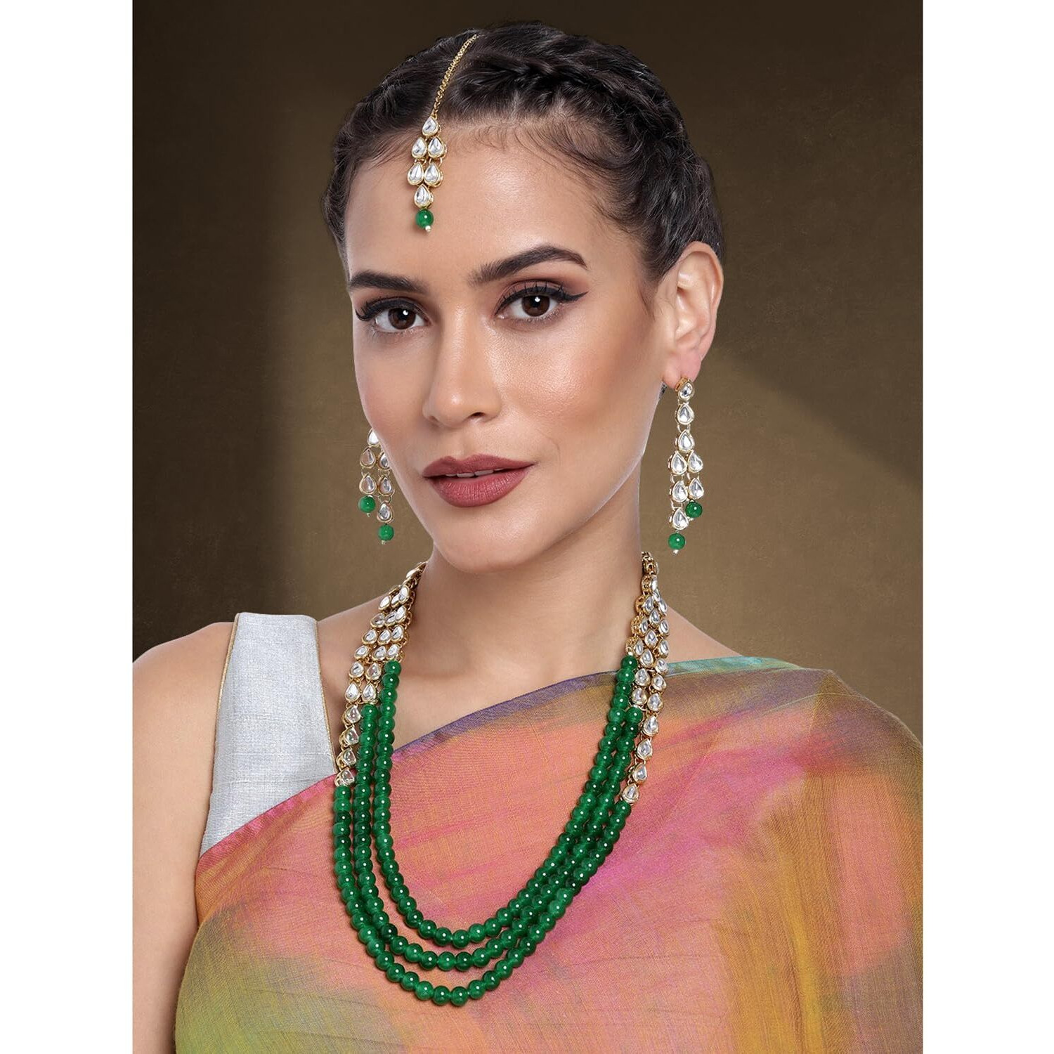 Peora 18K Gold Plated Traditional Jewellery Kundan Pearl Layered Necklace Earring Maang Tika Set for Women Fancy