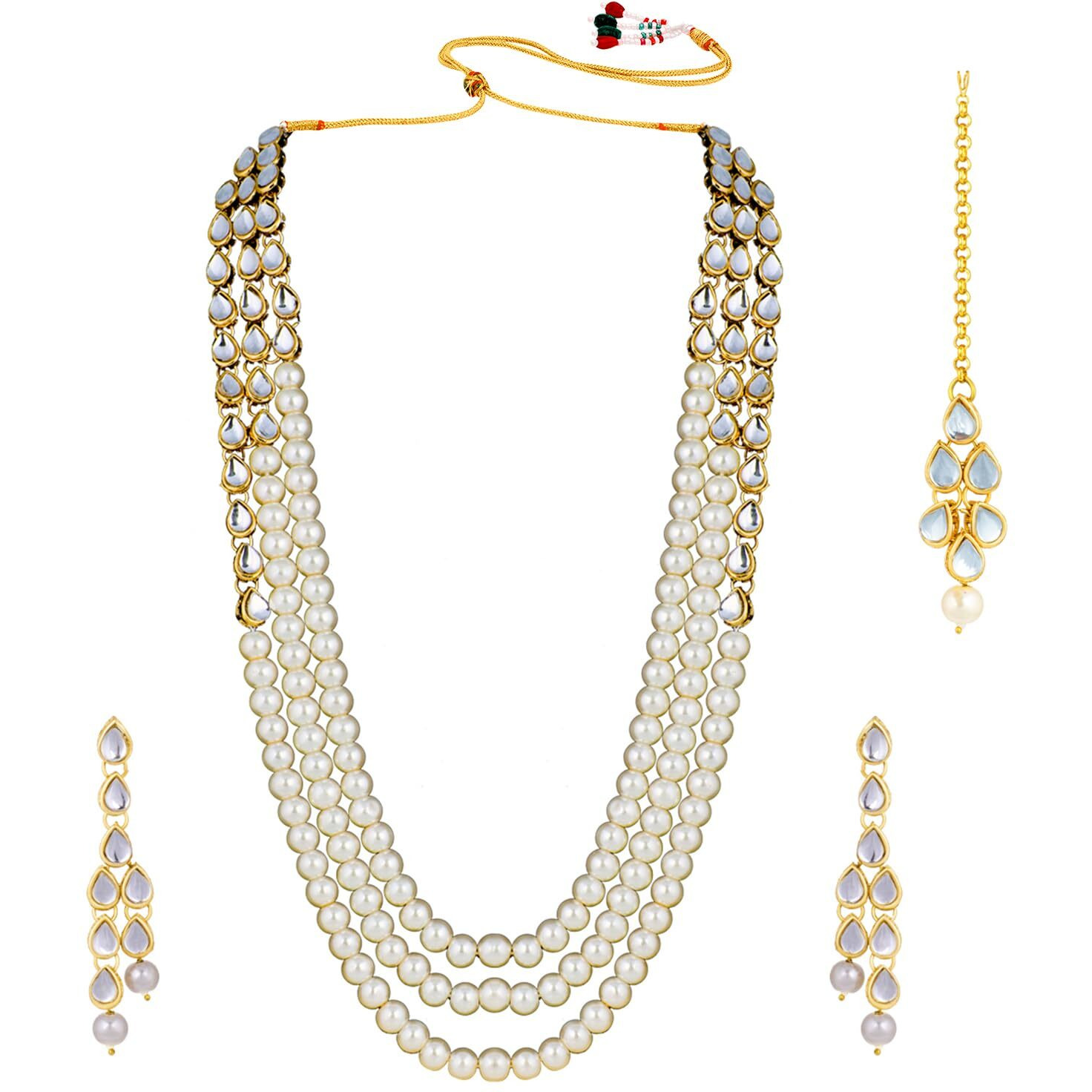 Peora Gold Plated Kundan Pearl Long Necklace Earring Mang Tika Jewellery Set for Women