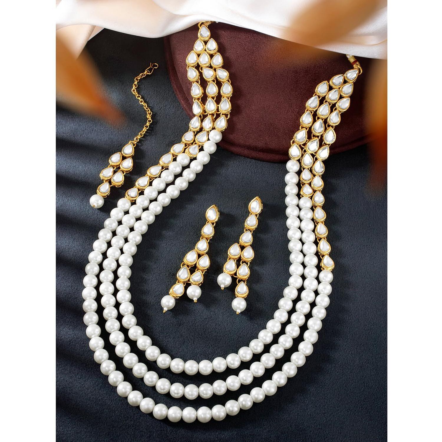Peora Gold Plated Kundan Pearl Long Necklace Earring Mang Tika Jewellery Set for Women