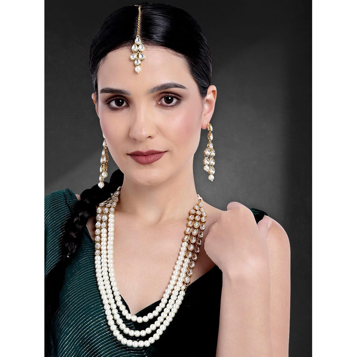 Peora Gold Plated Kundan Pearl Long Necklace Earring Mang Tika Jewellery Set for Women