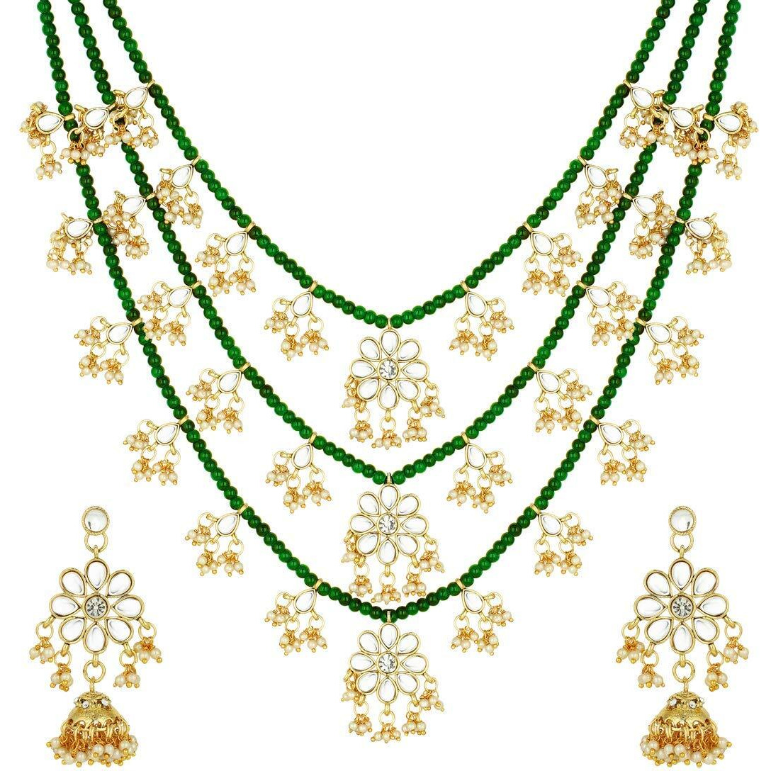 I Jewels 3 Layered Multi Strand Floral Kundan & Pearl Beaded Necklace For Women/Girls (M4094G)