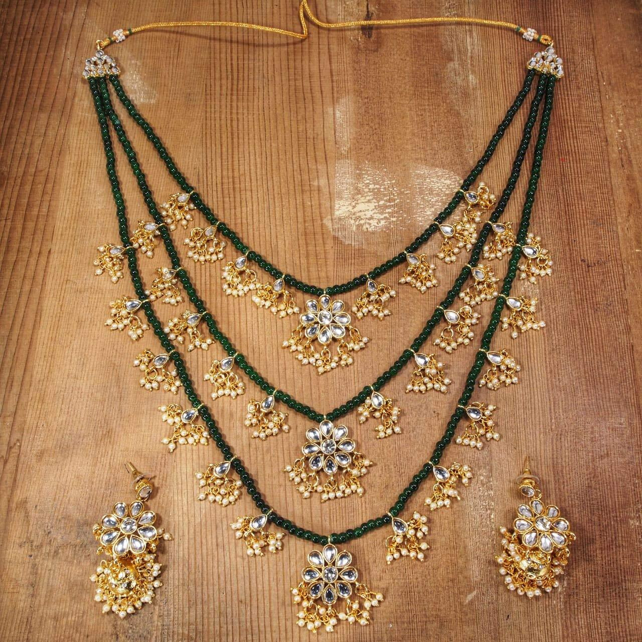 I Jewels 3 Layered Multi Strand Floral Kundan & Pearl Beaded Necklace For Women/Girls (M4094G)