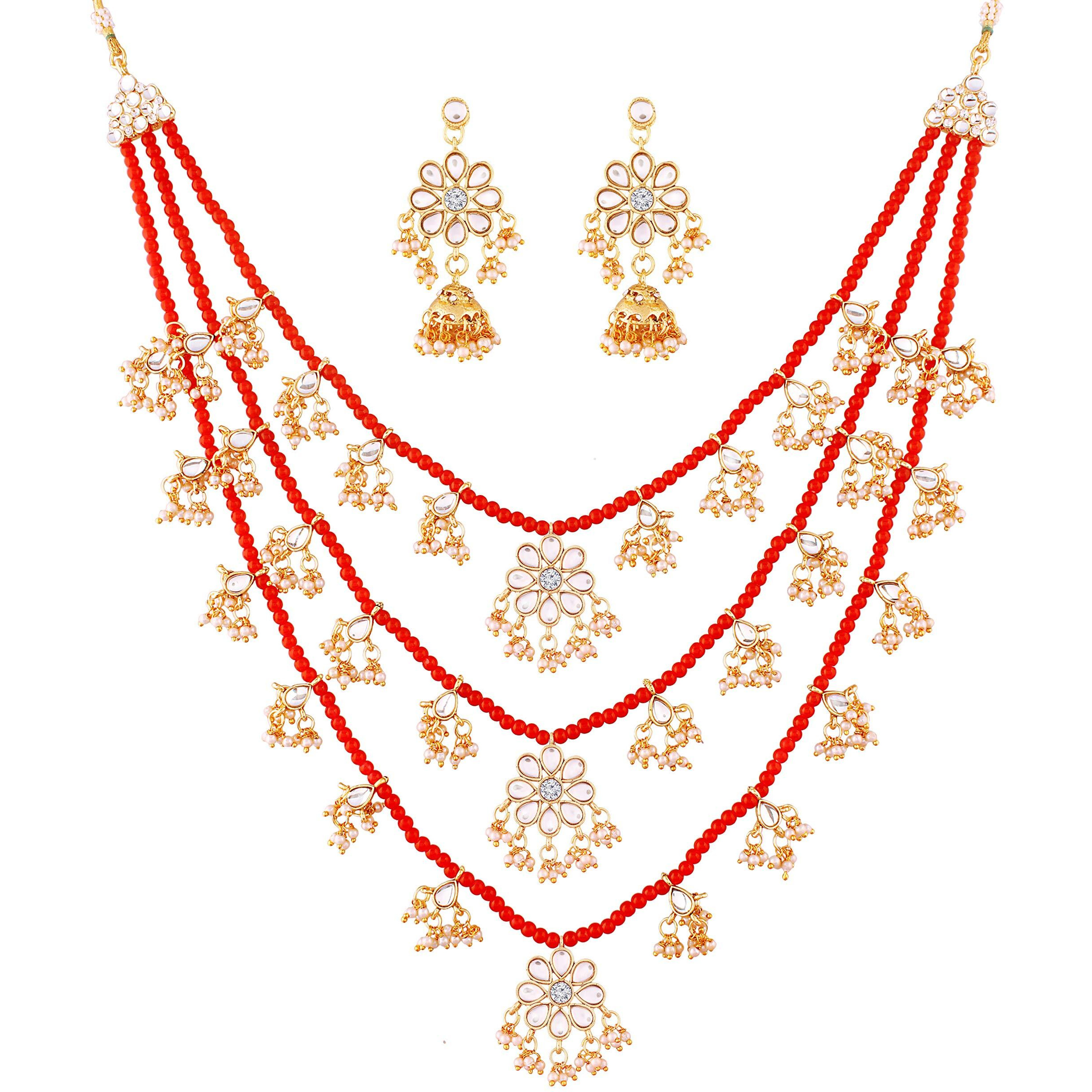I Jewels 3 Layered Multi Strand Floral Kundan & Pearl Beaded Necklace For Women/Girls (M4094R)