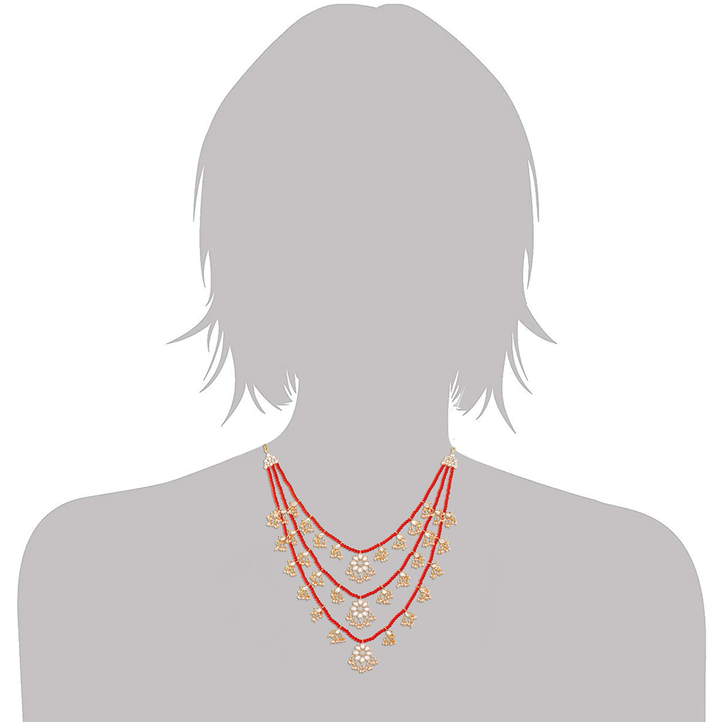 I Jewels 3 Layered Multi Strand Floral Kundan & Pearl Beaded Necklace For Women/Girls (M4094R)