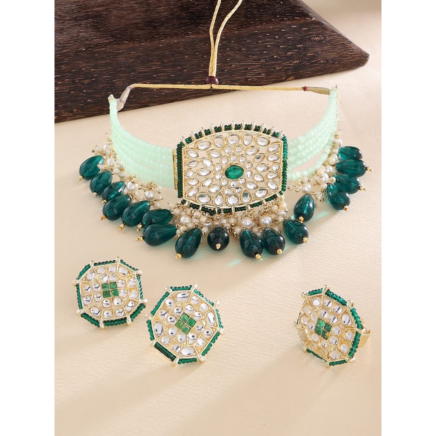 ZAVERI PEARLS Green Crystals Beaded Multistrand Kundan Choker Necklace Earring & Ring Set For Women-ZPFK13801