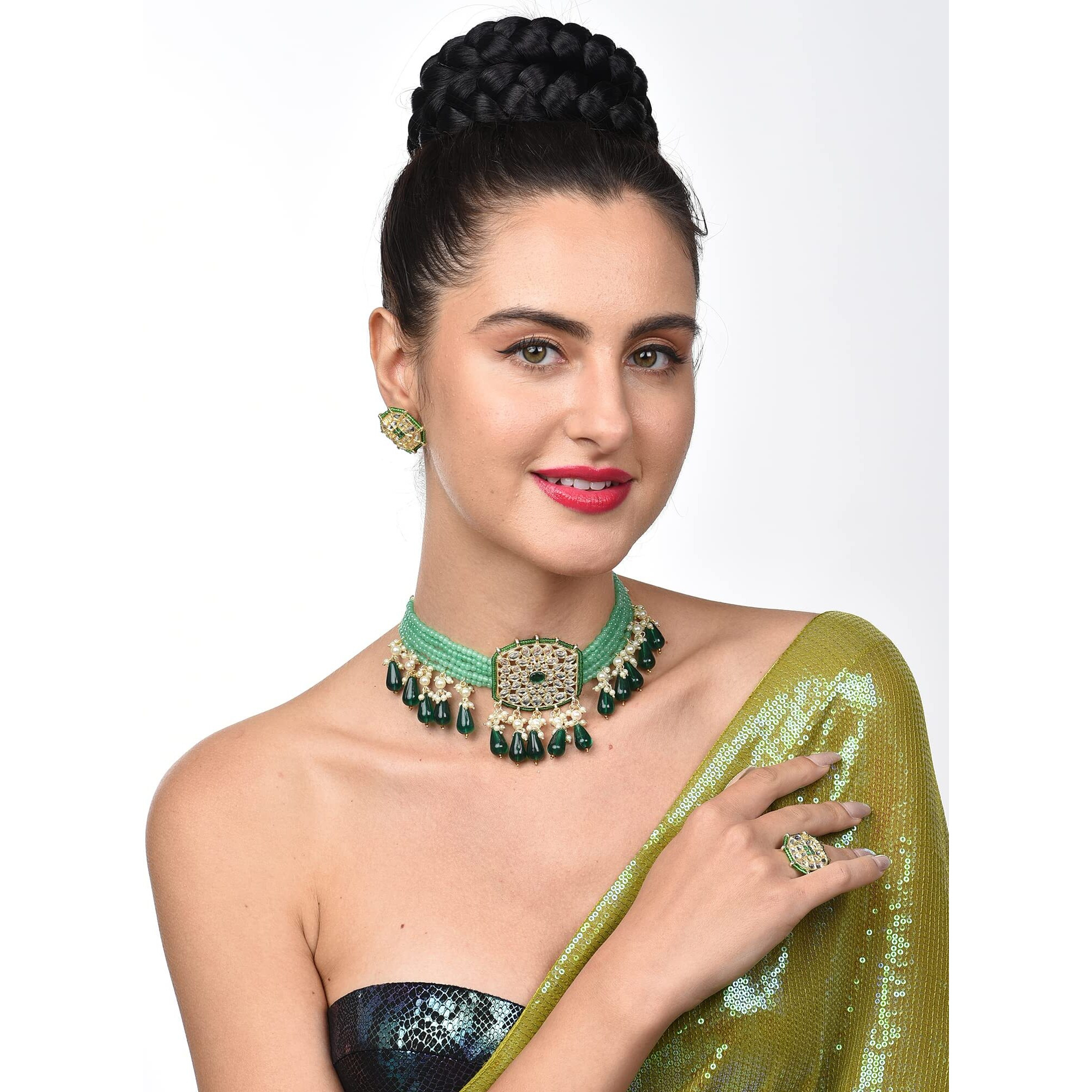 ZAVERI PEARLS Green Crystals Beaded Multistrand Kundan Choker Necklace Earring & Ring Set For Women-ZPFK13801