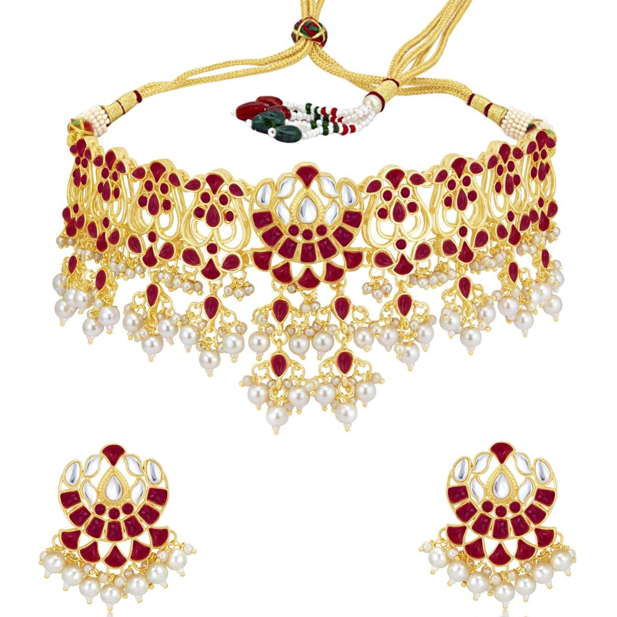 Sukkhi Fascinating Gold Plated Pearl Choker Necklace Set for Women