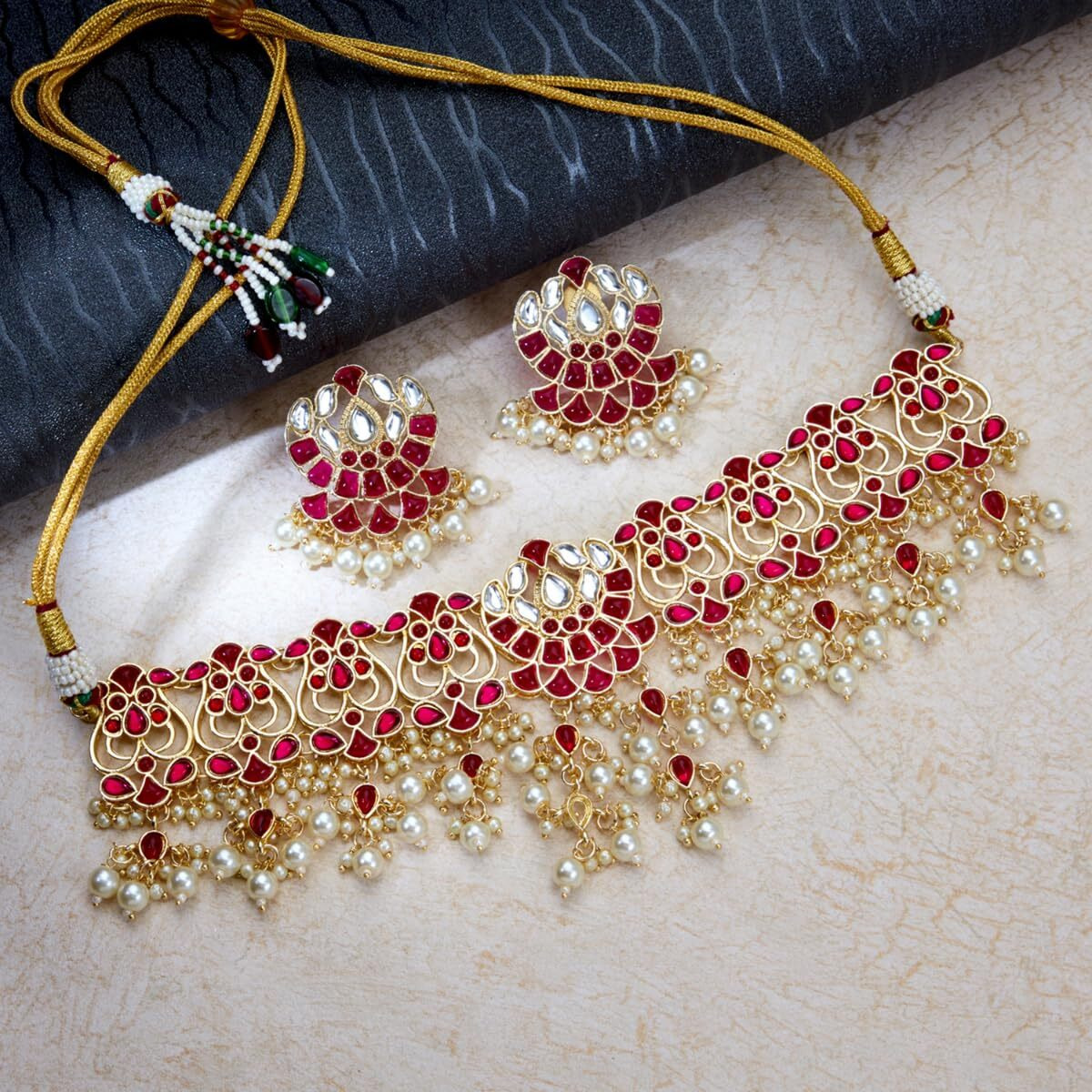 Sukkhi Fascinating Gold Plated Pearl Choker Necklace Set for Women