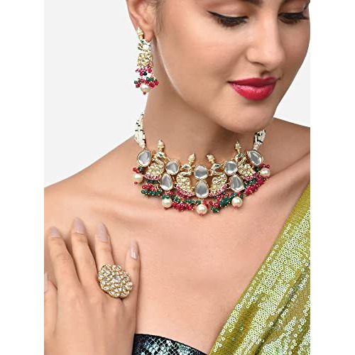 ZAVERI PEARLS Rani Pink & Green Cluster Beads Kundan Peacock Inspired Necklace Earring & Ring Set For Women-ZPFK14811