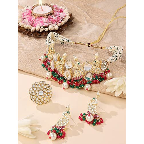 ZAVERI PEARLS Rani Pink & Green Cluster Beads Kundan Peacock Inspired Necklace Earring & Ring Set For Women-ZPFK14811