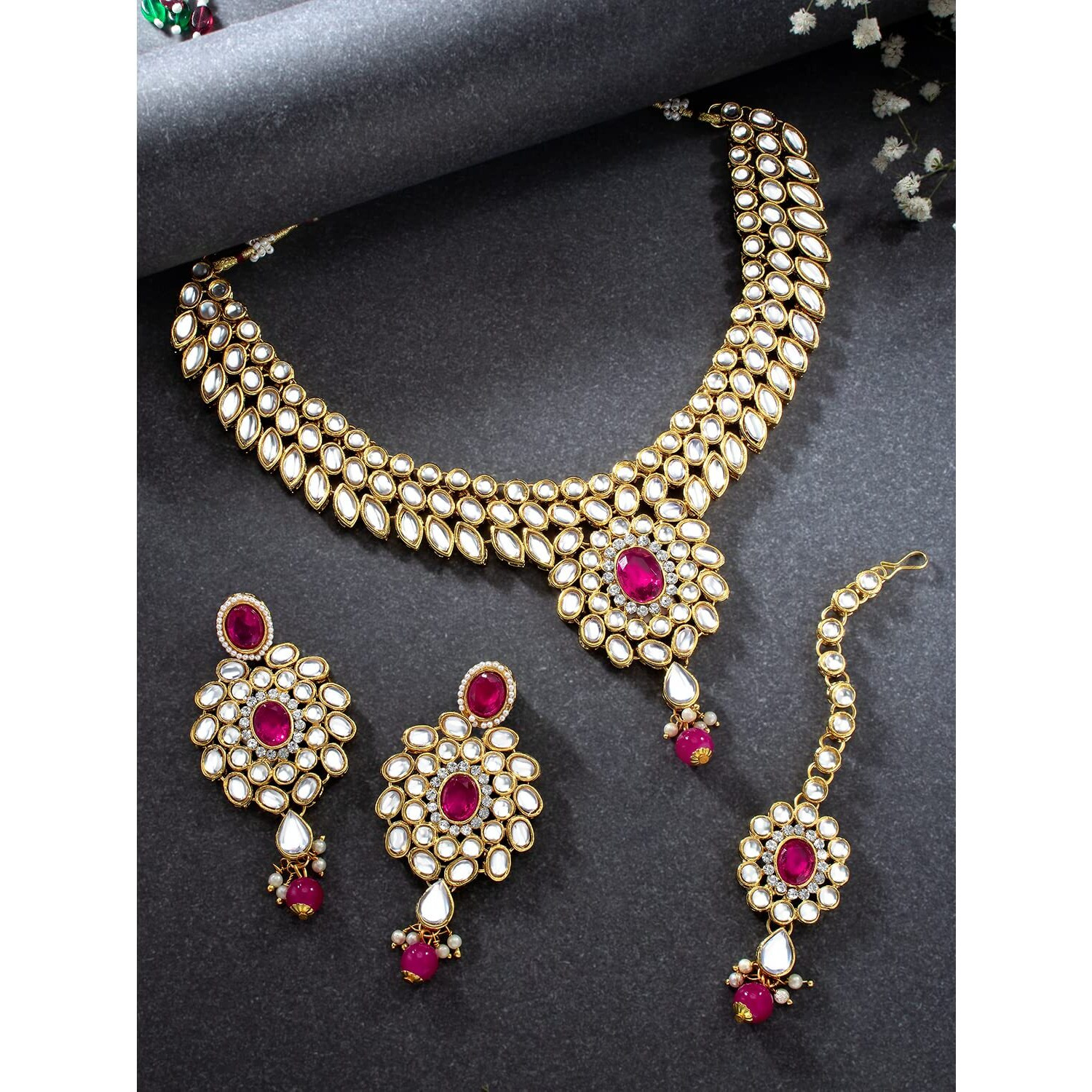 Peora Indian Traditional Gold Plated Kundan Blue Jewellery Set with Earrings Maang Tikka for Women Girls