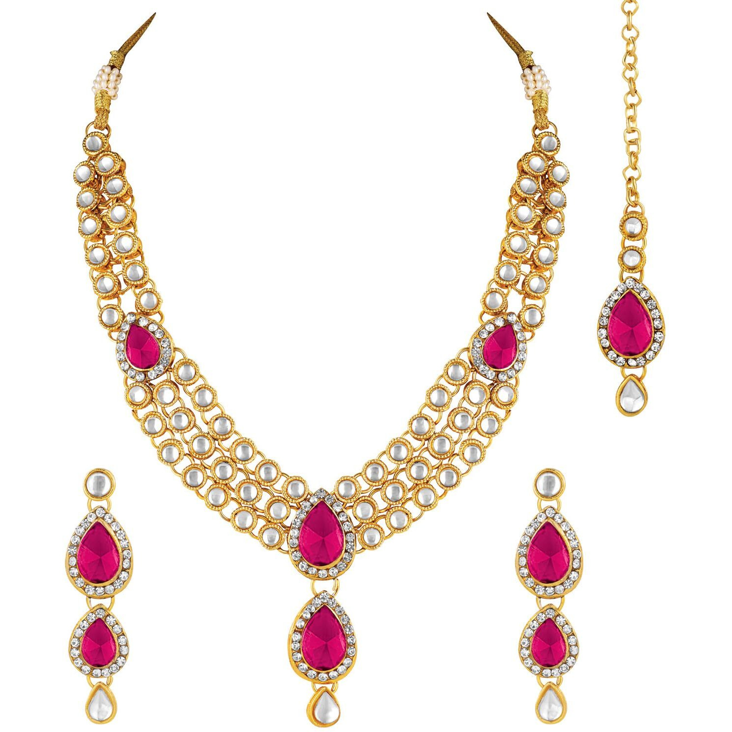 Peora Gold Plated Traditional Rani Pink Kundan Necklace Earring Maang Tikka Jewellery Set for Women