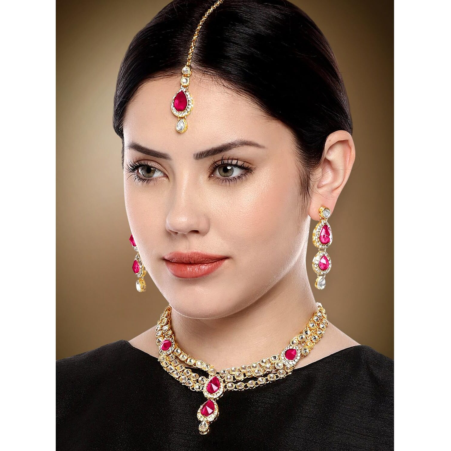 Peora Gold Plated Traditional Rani Pink Kundan Necklace Earring Maang Tikka Jewellery Set for Women