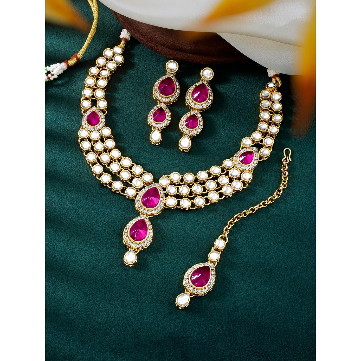 Peora Gold Plated Traditional Rani Pink Kundan Necklace Earring Maang Tikka Jewellery Set for Women