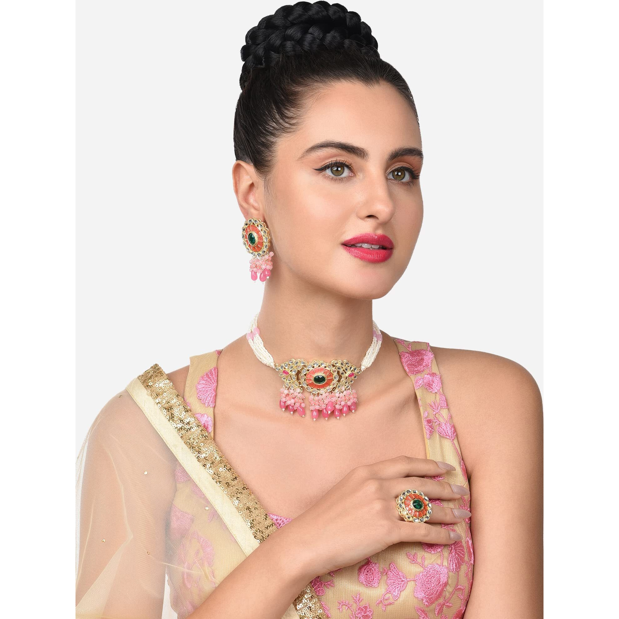 ZAVERI PEARLS Pink Meenakari Green Stone Cluster Beads Multistrand Choker Necklace Earring & Ring Set For Women-ZPFK14830