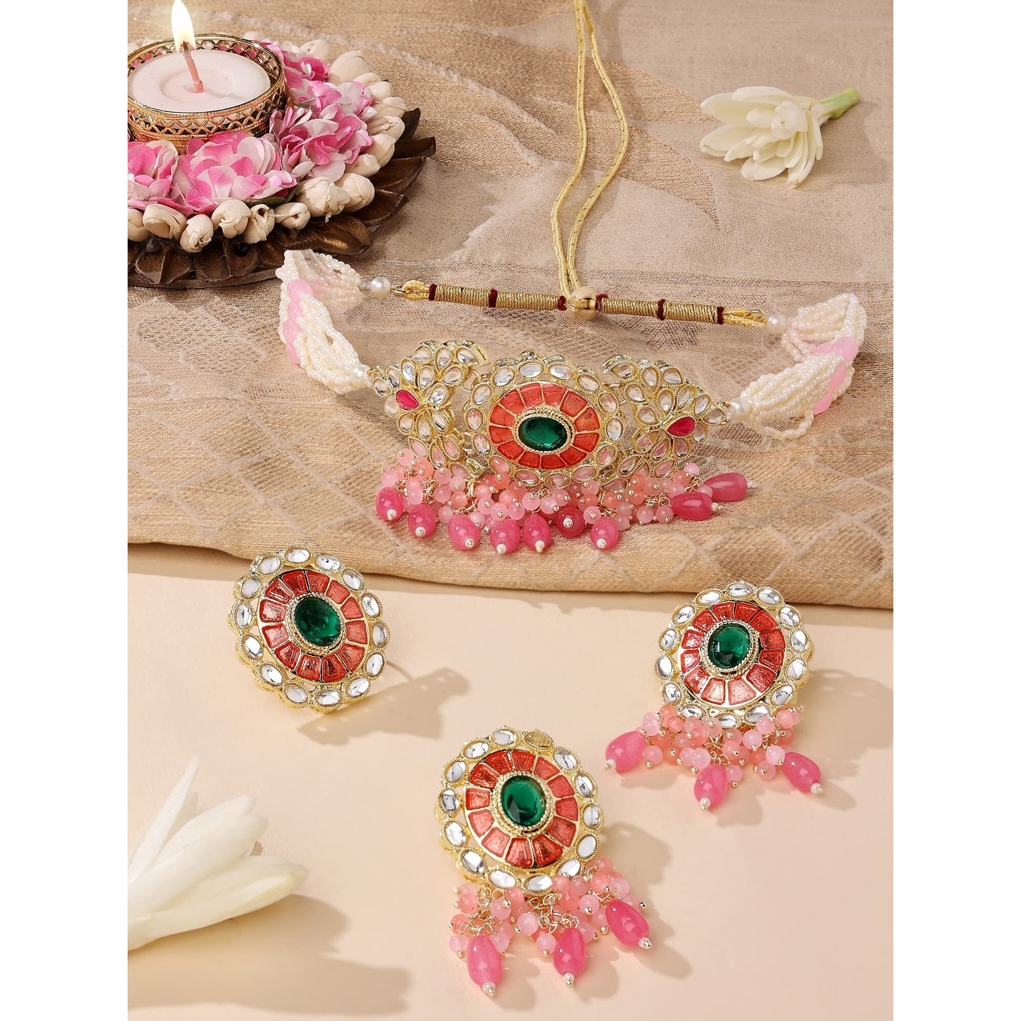 ZAVERI PEARLS Pink Meenakari Green Stone Cluster Beads Multistrand Choker Necklace Earring & Ring Set For Women-ZPFK14830