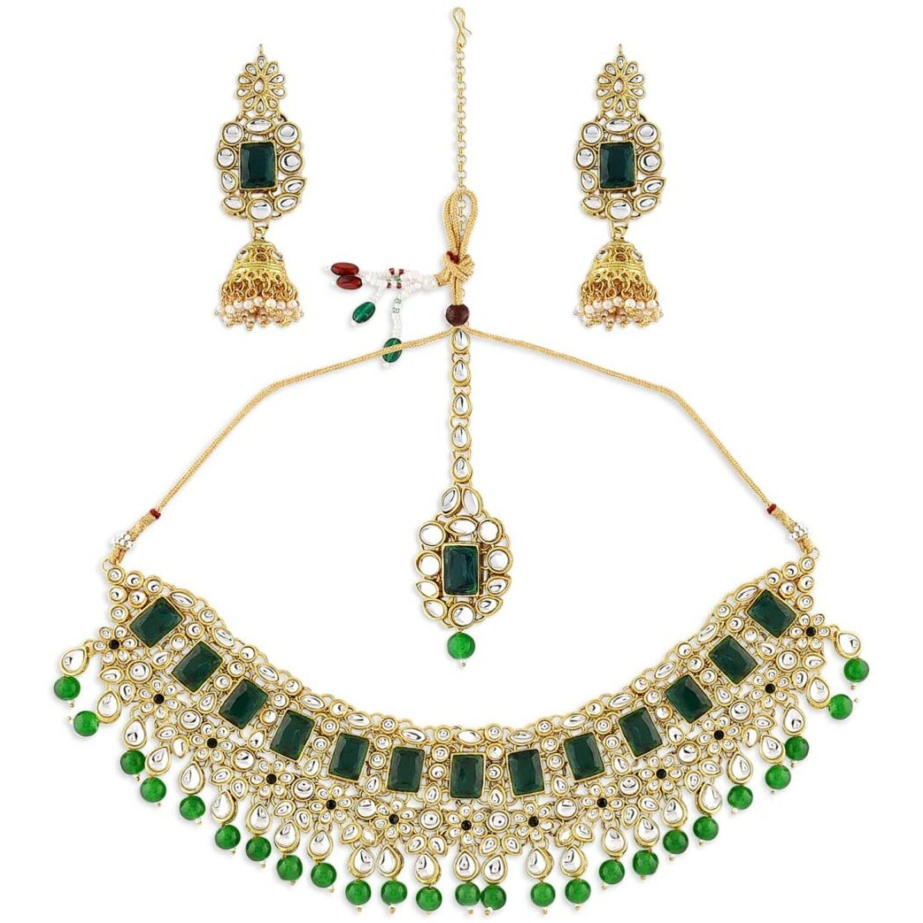 ZAVERI PEARLS Traditional Kundan & Green Beads Bridal Choker Necklace Set For Women-ZPFK8686