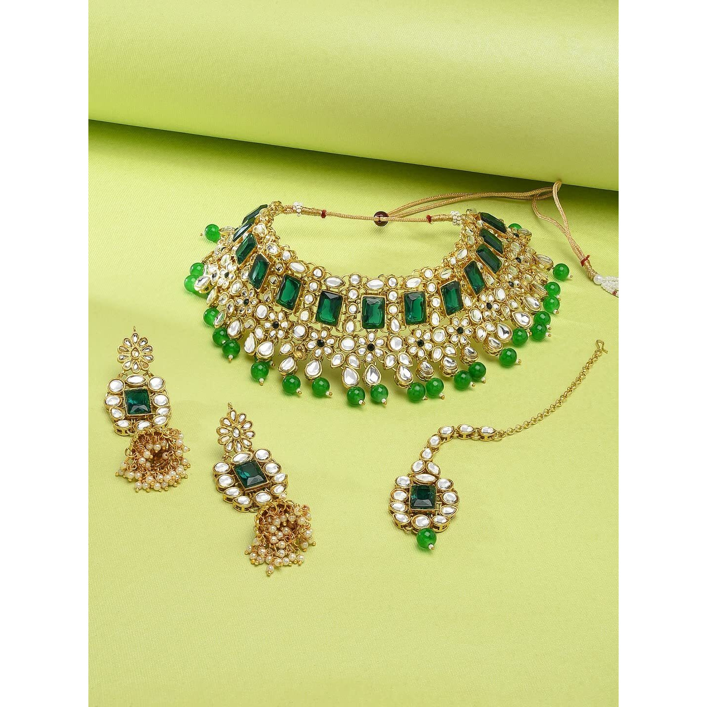 ZAVERI PEARLS Traditional Kundan & Green Beads Bridal Choker Necklace Set For Women-ZPFK8686