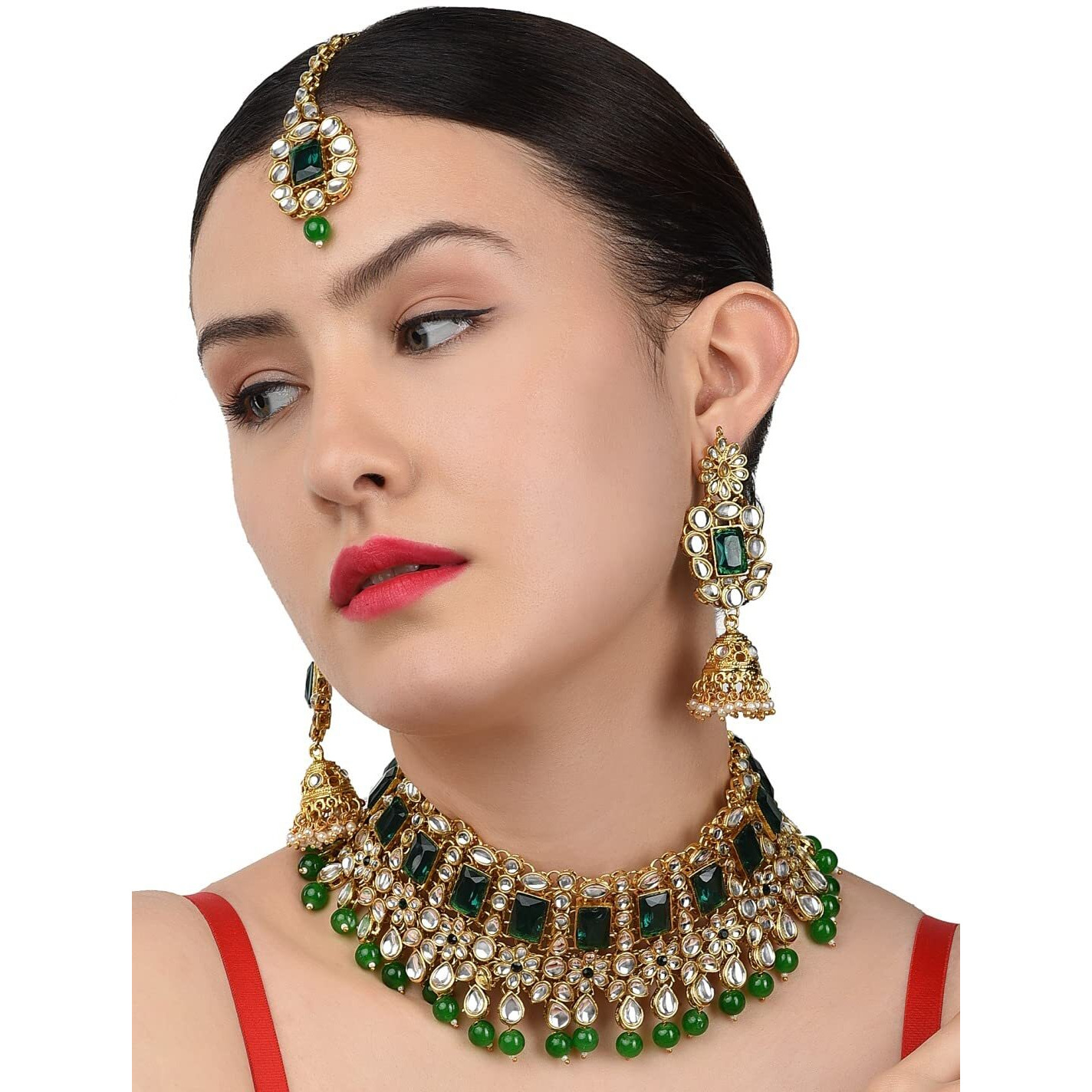 ZAVERI PEARLS Traditional Kundan & Green Beads Bridal Choker Necklace Set For Women-ZPFK8686