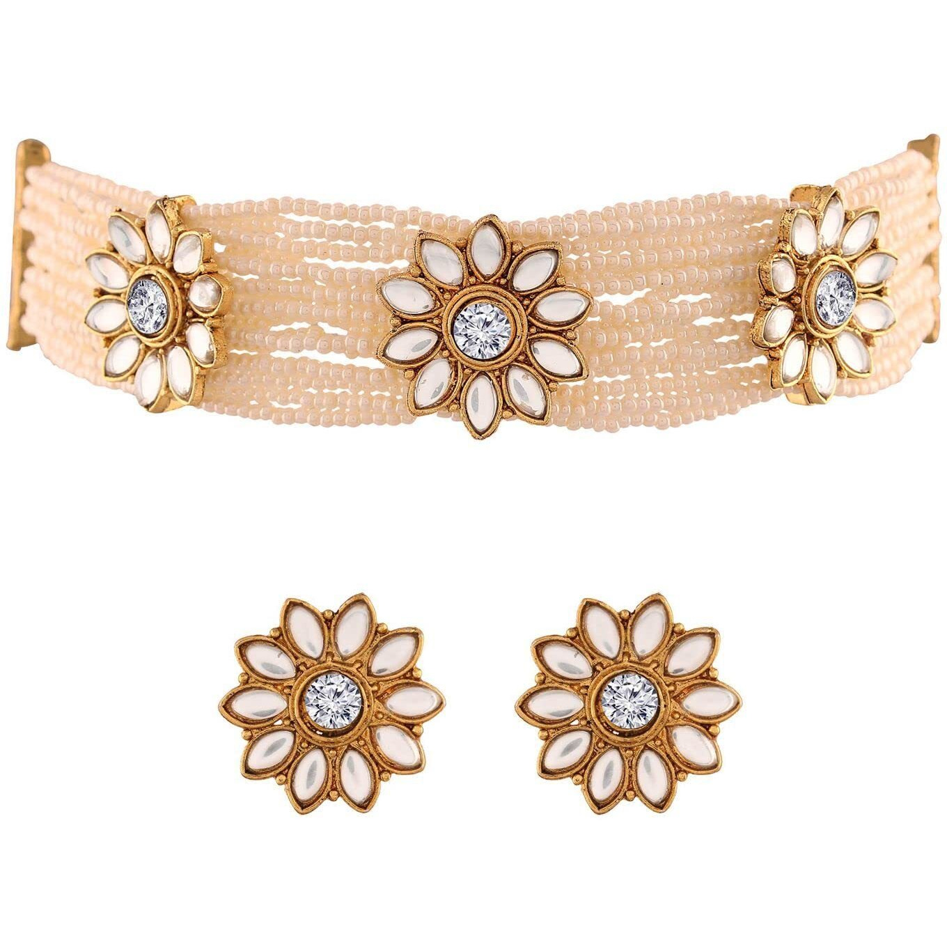 I Jewels Gold Plated Traditional Kundan Pearl Choker Necklace Jewellery Set For Women/Girls(ML228W)