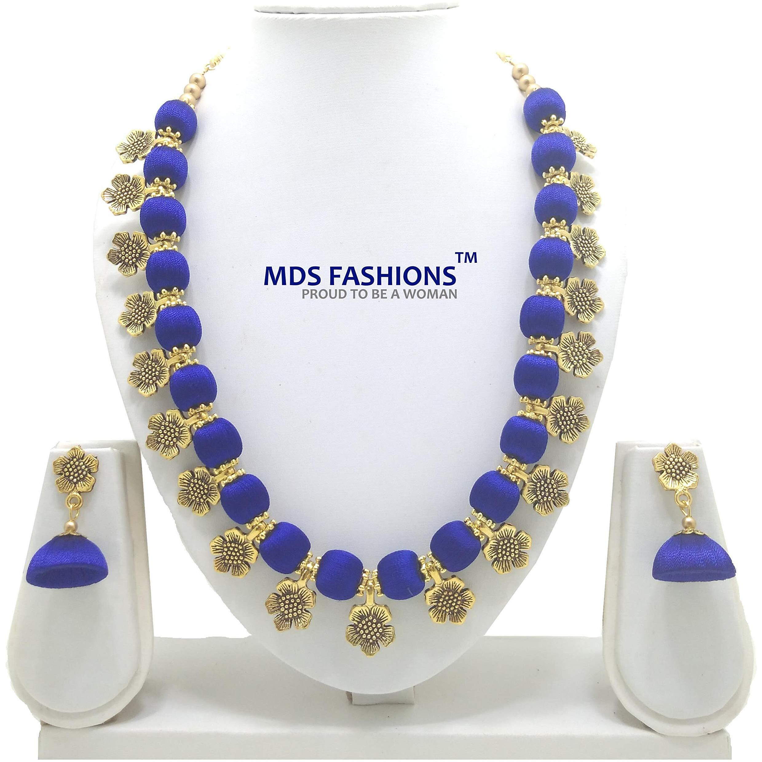 MDS FASHIONS Antique Flower NavyBlue Necklace with Antique Flower Stud and Earring Set for Beautiful Woman