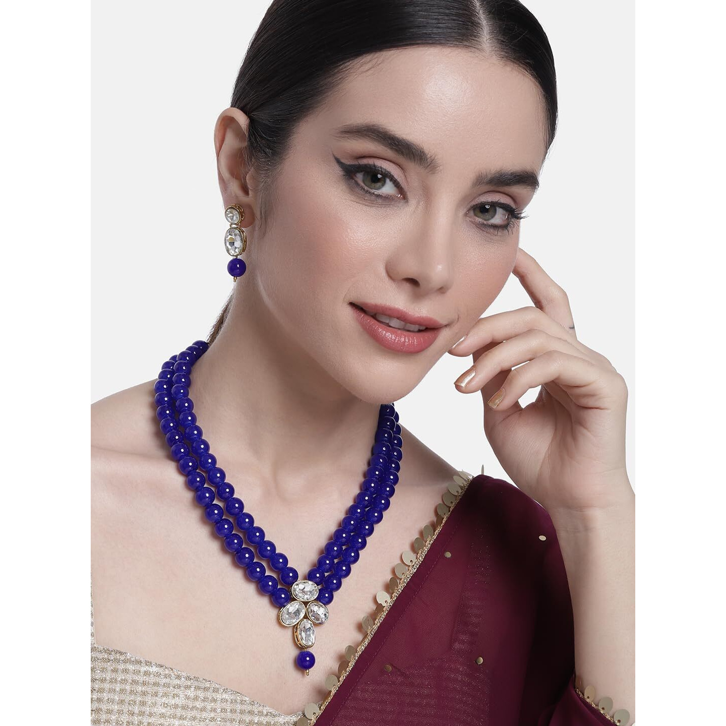 Peora Gold Plated Blue Kundan Long Necklace Earring Indian Traditional Jewellery Set for Women
