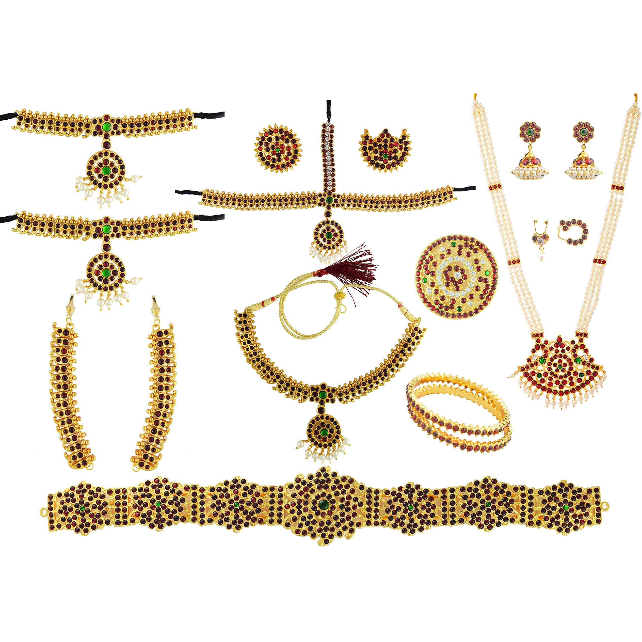 UG PRODUCTS Complete Set Bharatanatyam Jewellery with All The 10 Separate Ornaments Made with Green and Red Quality Kemp Stones(S35)